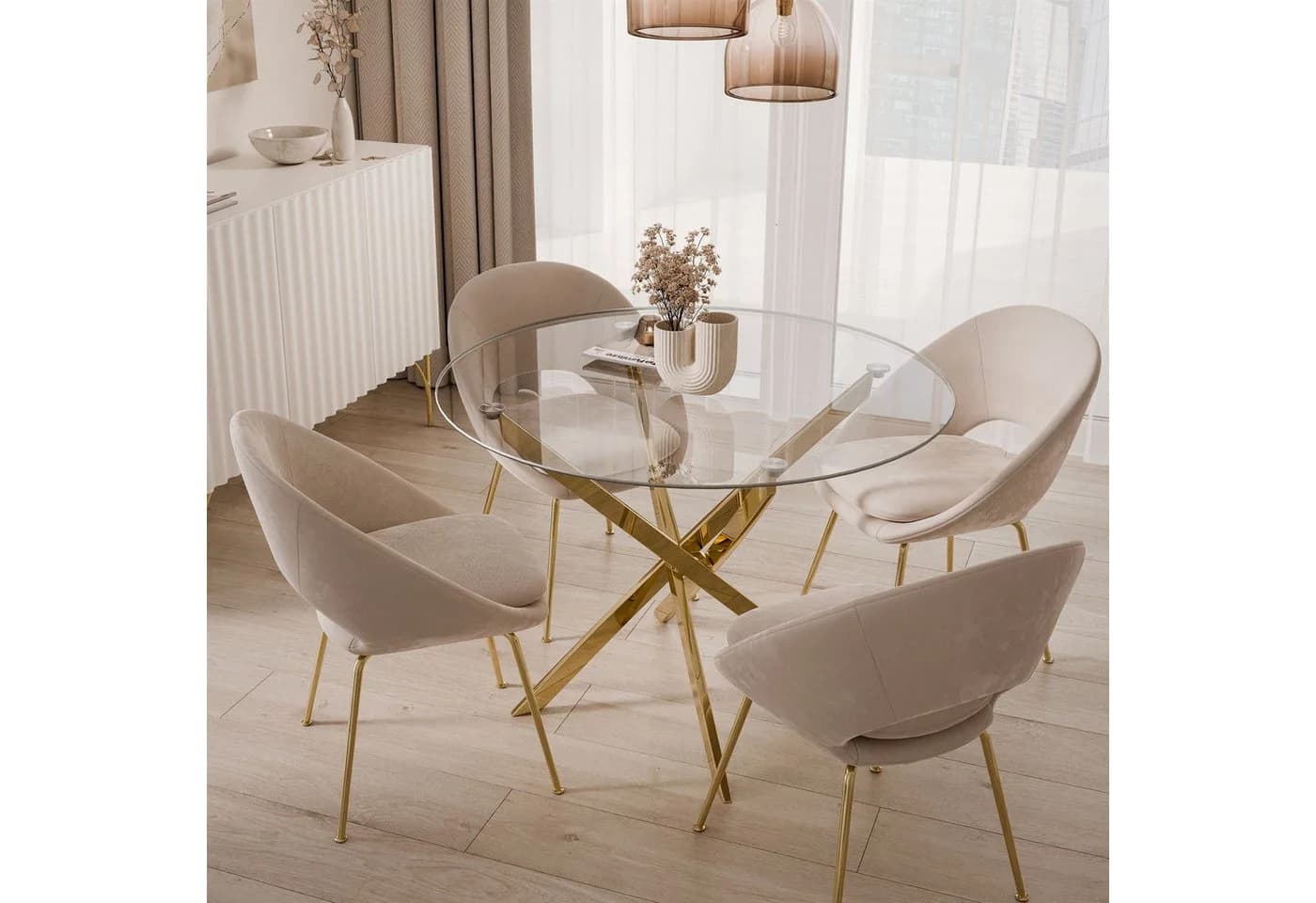 Lookway Esstisch CRISTAL 100 cm Glas Runder Tisch Gold/Silber - Bild 3