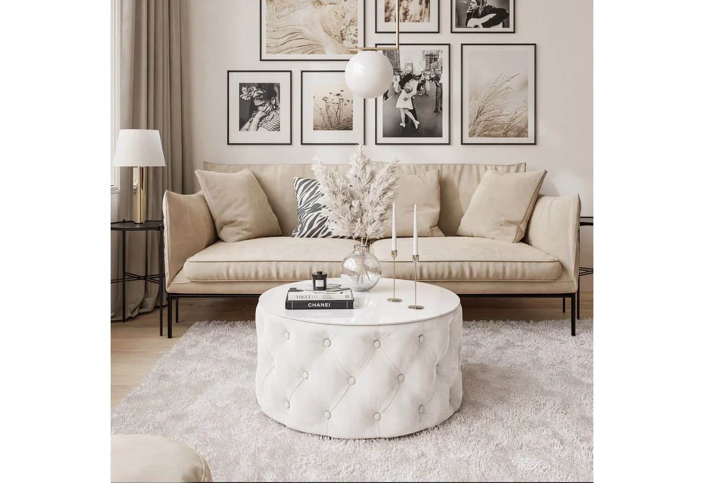 Lookway Couchtisch CHESTERFIELD Rund Gepolstert Glasplatte Weiss