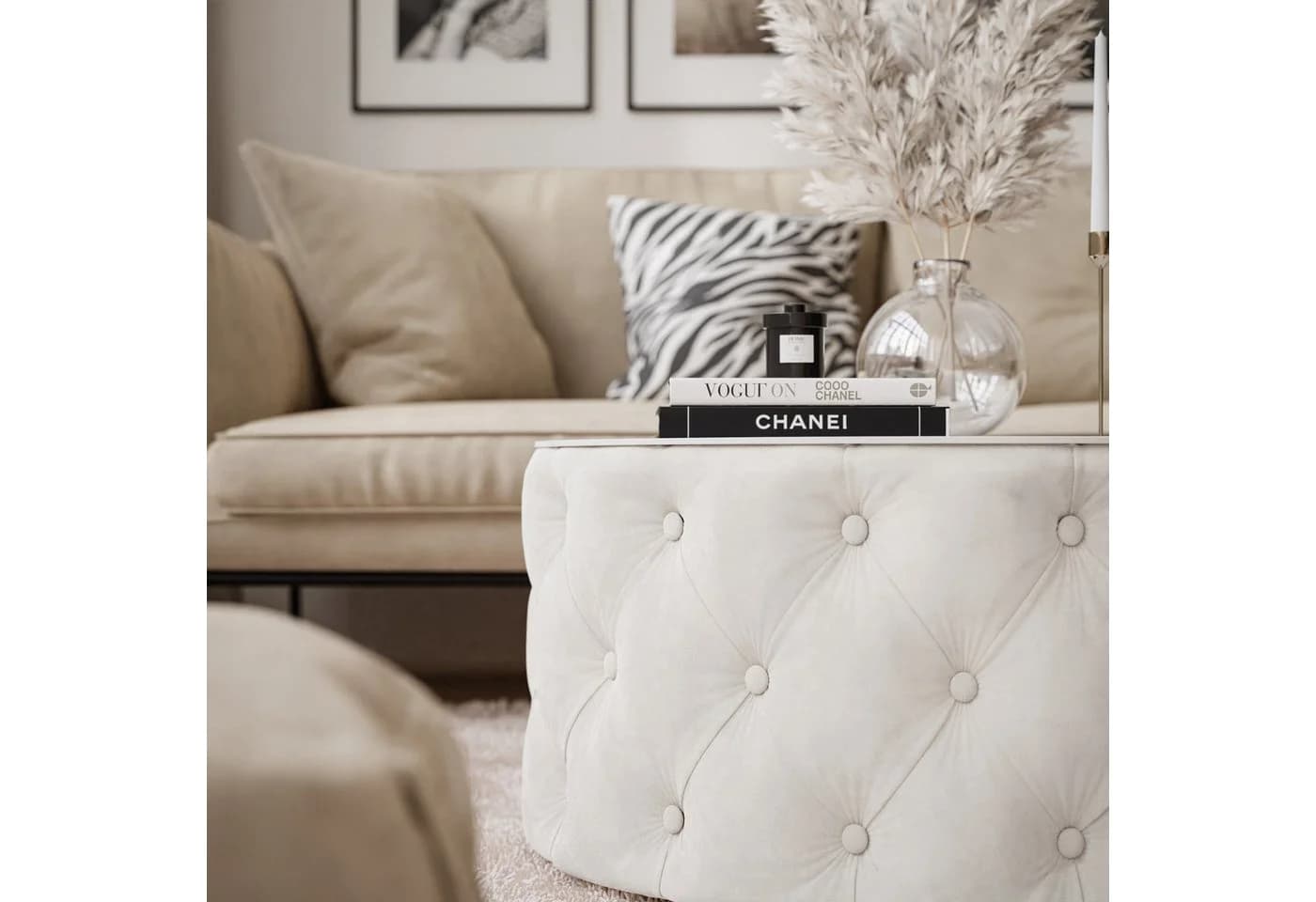 Lookway Couchtisch CHESTERFIELD Rund Gepolstert Glasplatte Weiss - Bild 3