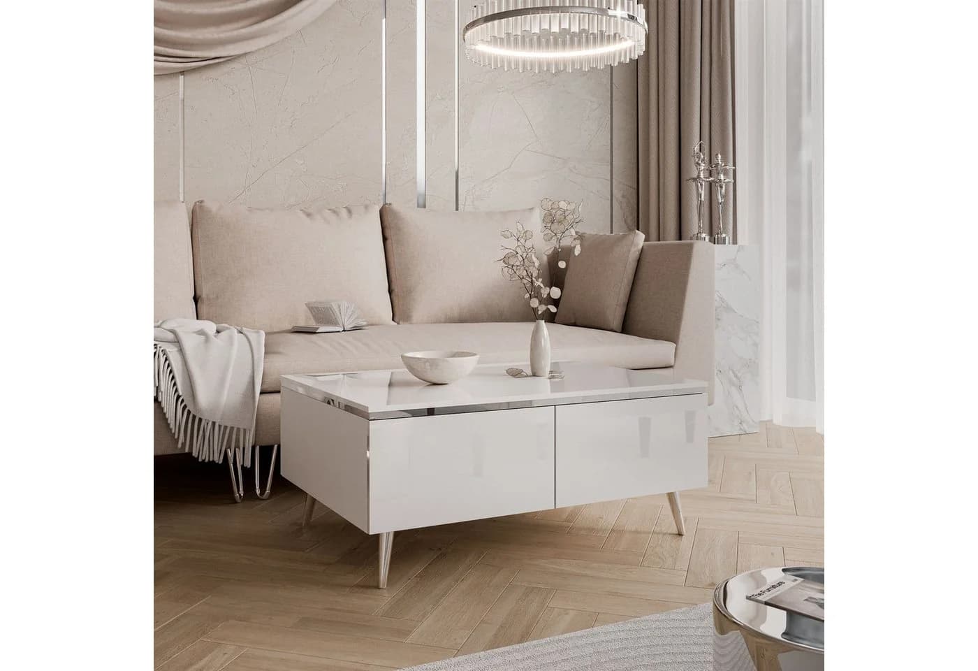 Lookway Couchtisch AURORA SILVER mit Stauraum Weiß/Silber