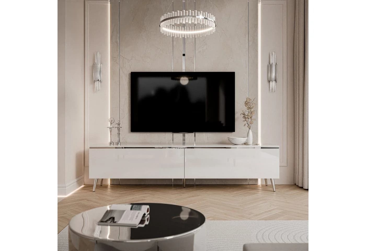 Lookway TV-Schrank AURORA SILVER Weiß Hochglanz LED