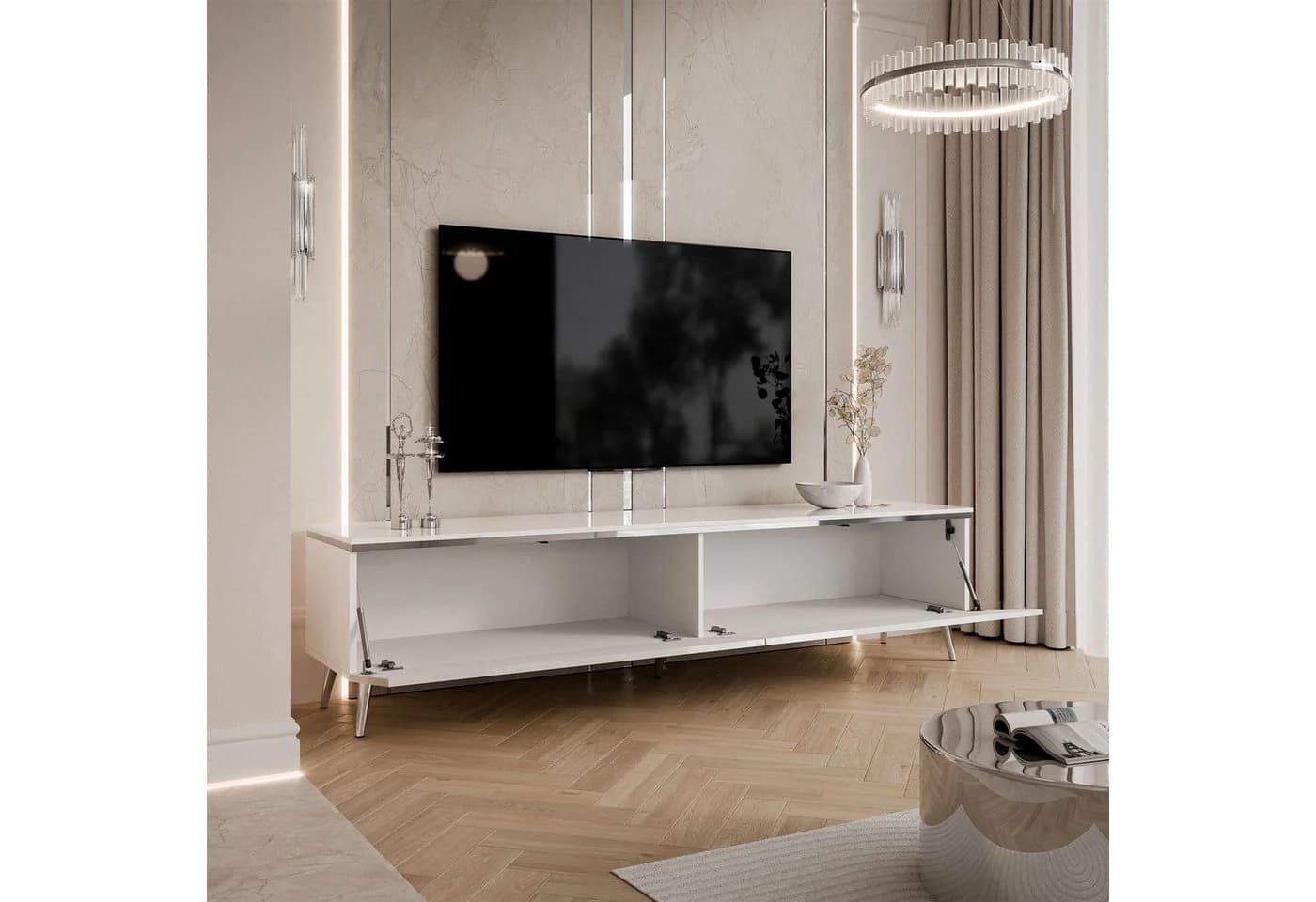 Lookway TV-Schrank AURORA SILVER Weiß Hochglanz LED - Bild 4