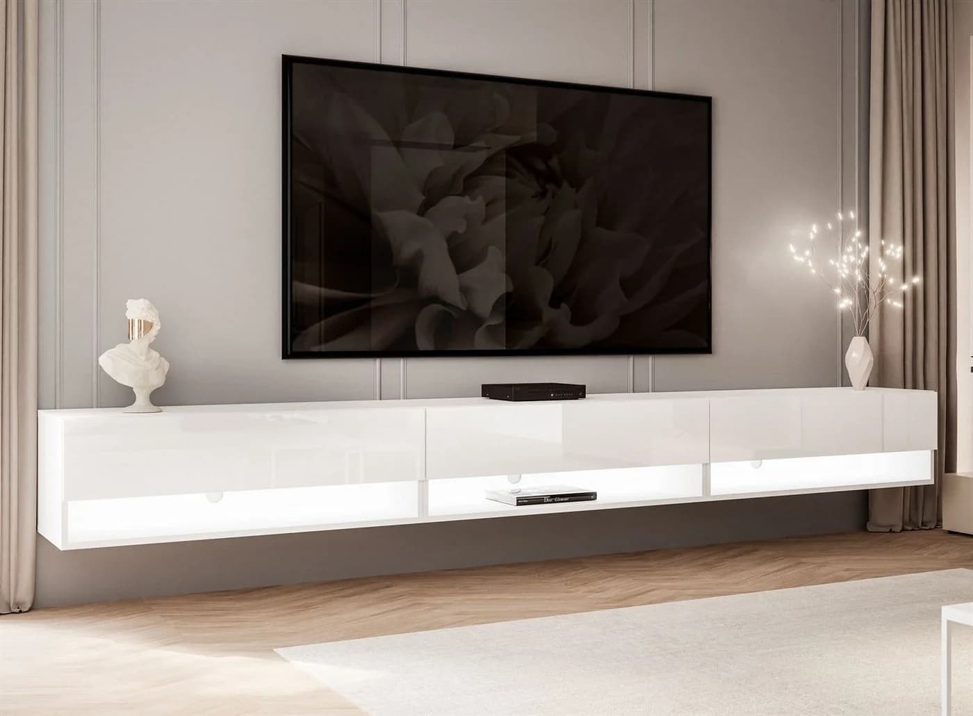 Lookway Lowboard CALANTE 270 cm Hängeschrank mit LED-Beleuchtung Weiß Hochglanz
