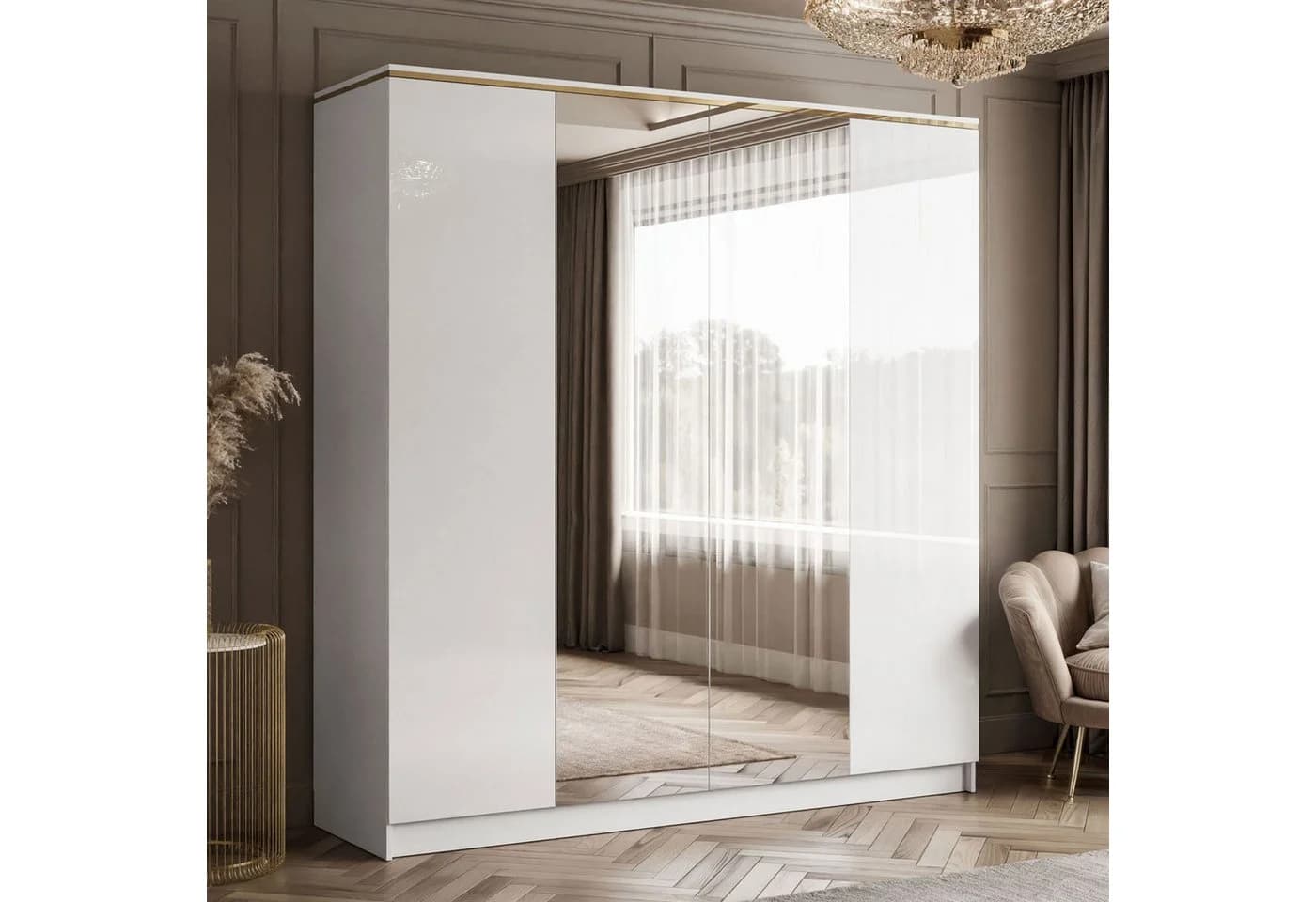 Lookway Kleiderschrank AURORA 4D Hochglanz Weiß mit Spiegel