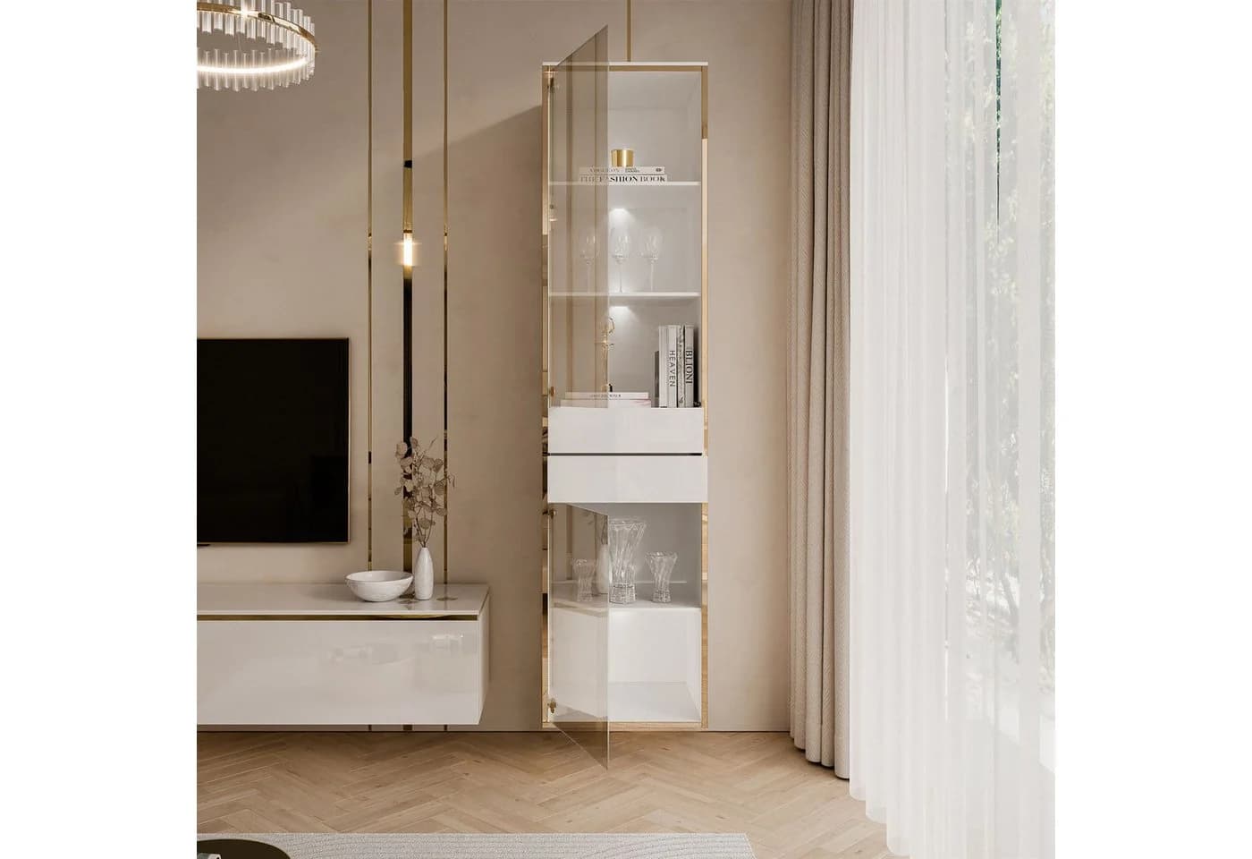 Lookway Glasvitrine AURORA Weiß Gold LED-Beleuchtung - Bild 4