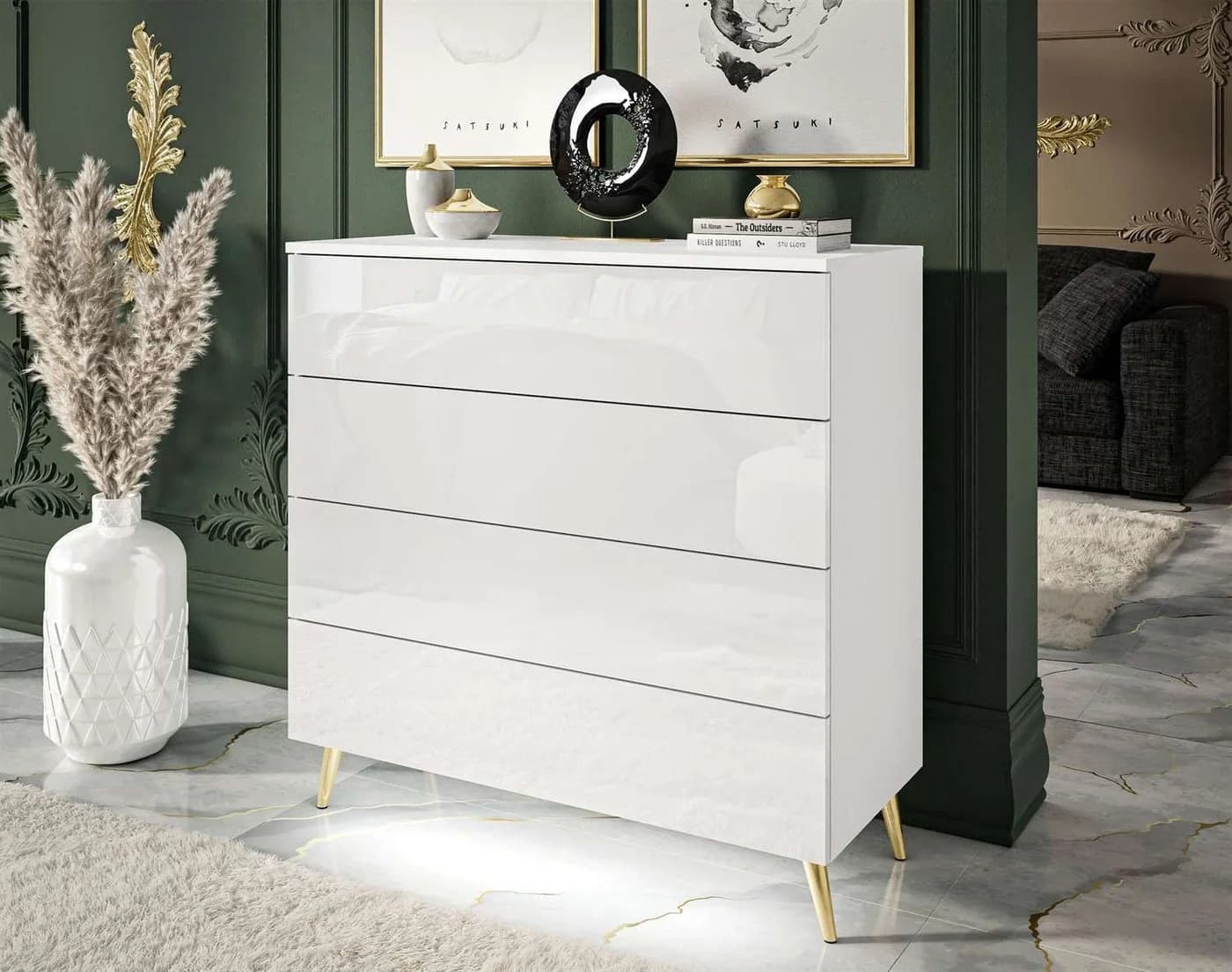 Lookway Kommode AURA 4S Weiß Hochglanz mit LED und Push-to-Open