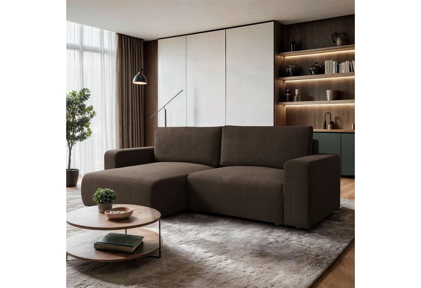 Lookway Ecksofa OPERA L-Form mit Bettfunktion und Bettkasten Braun Cord