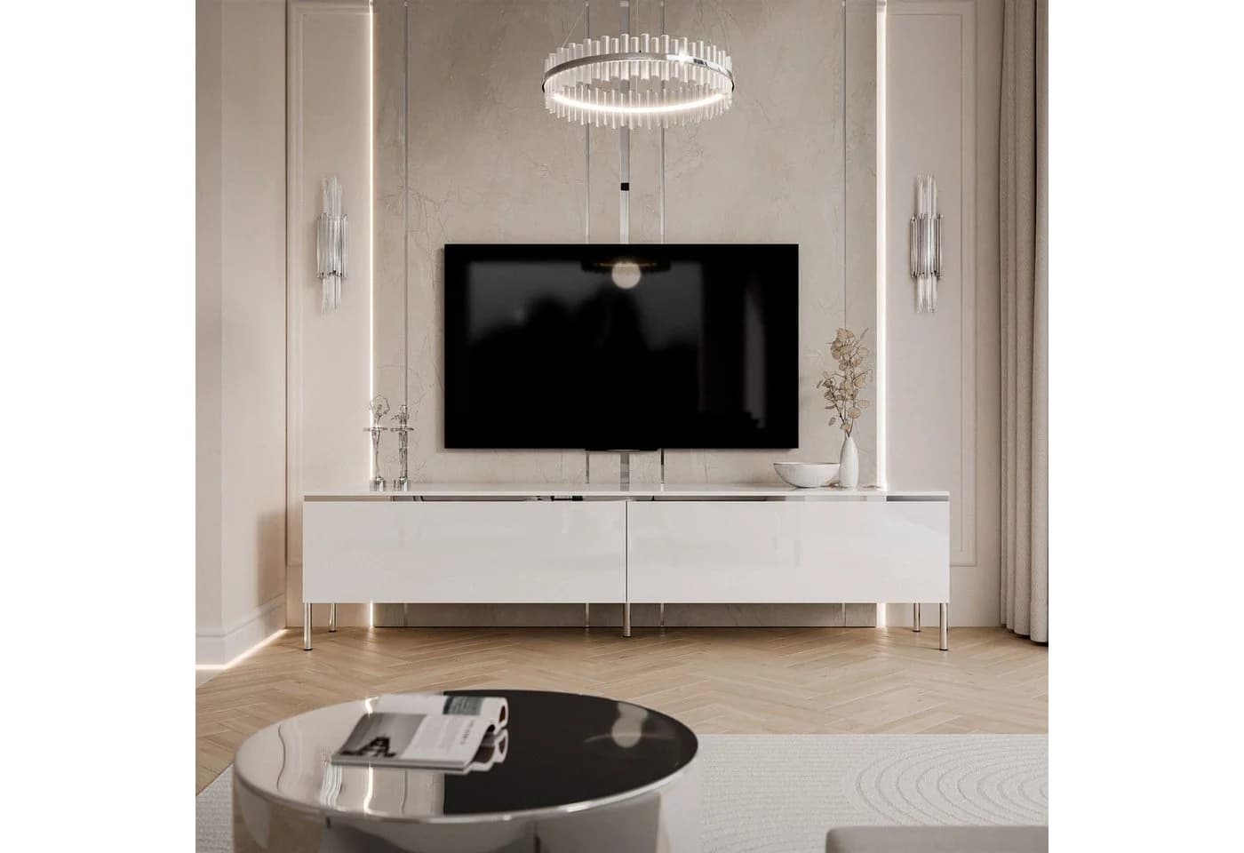 Lookway TV-Schrank AURORA SILVER Weiß Silber Hochglanz LED