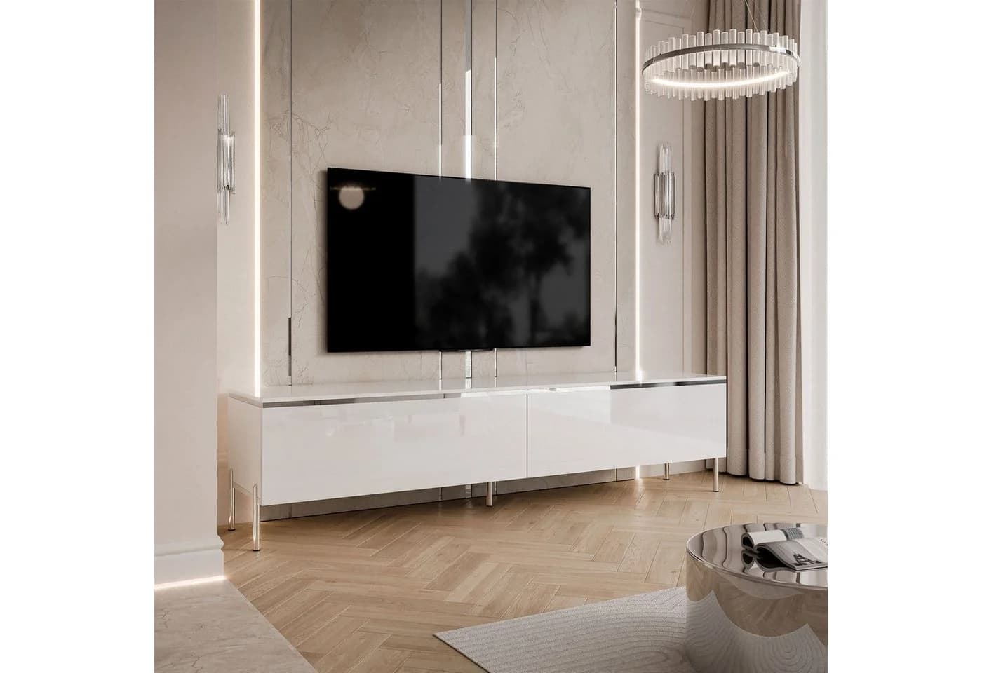 Lookway TV-Schrank AURORA SILVER Weiß Silber Hochglanz LED - Bild 3
