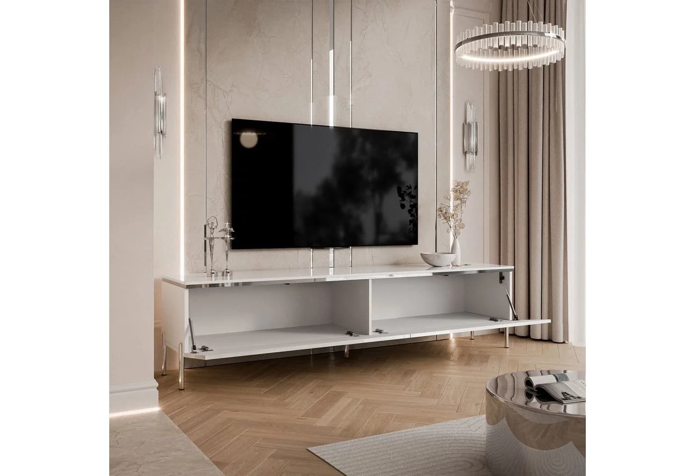 Lookway TV-Schrank AURORA SILVER Weiß Silber Hochglanz LED - Bild 4