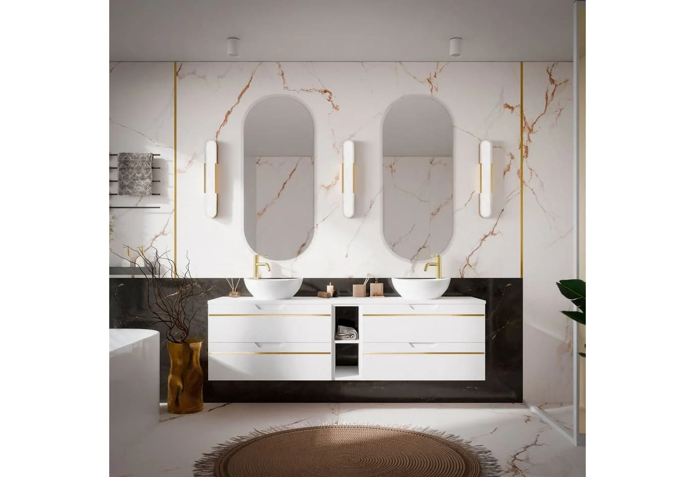 Lookway Badmöbel-Set OPIUM III Weiß/Gold Hängeschrank mit Waschbecken