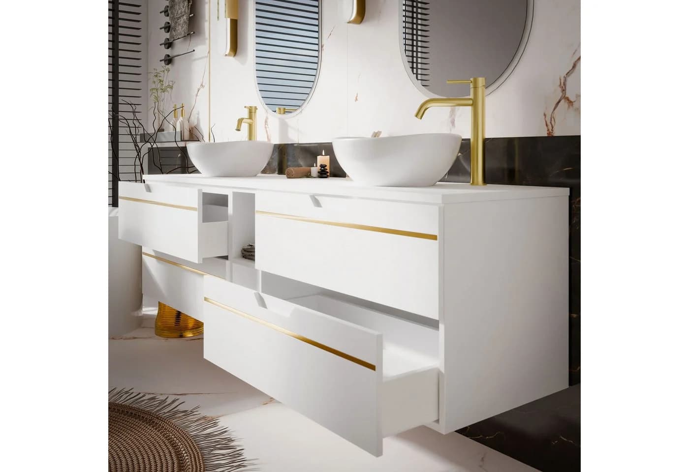 Lookway Badmöbel-Set OPIUM III Weiß/Gold Hängeschrank mit Waschbecken - Bild 5