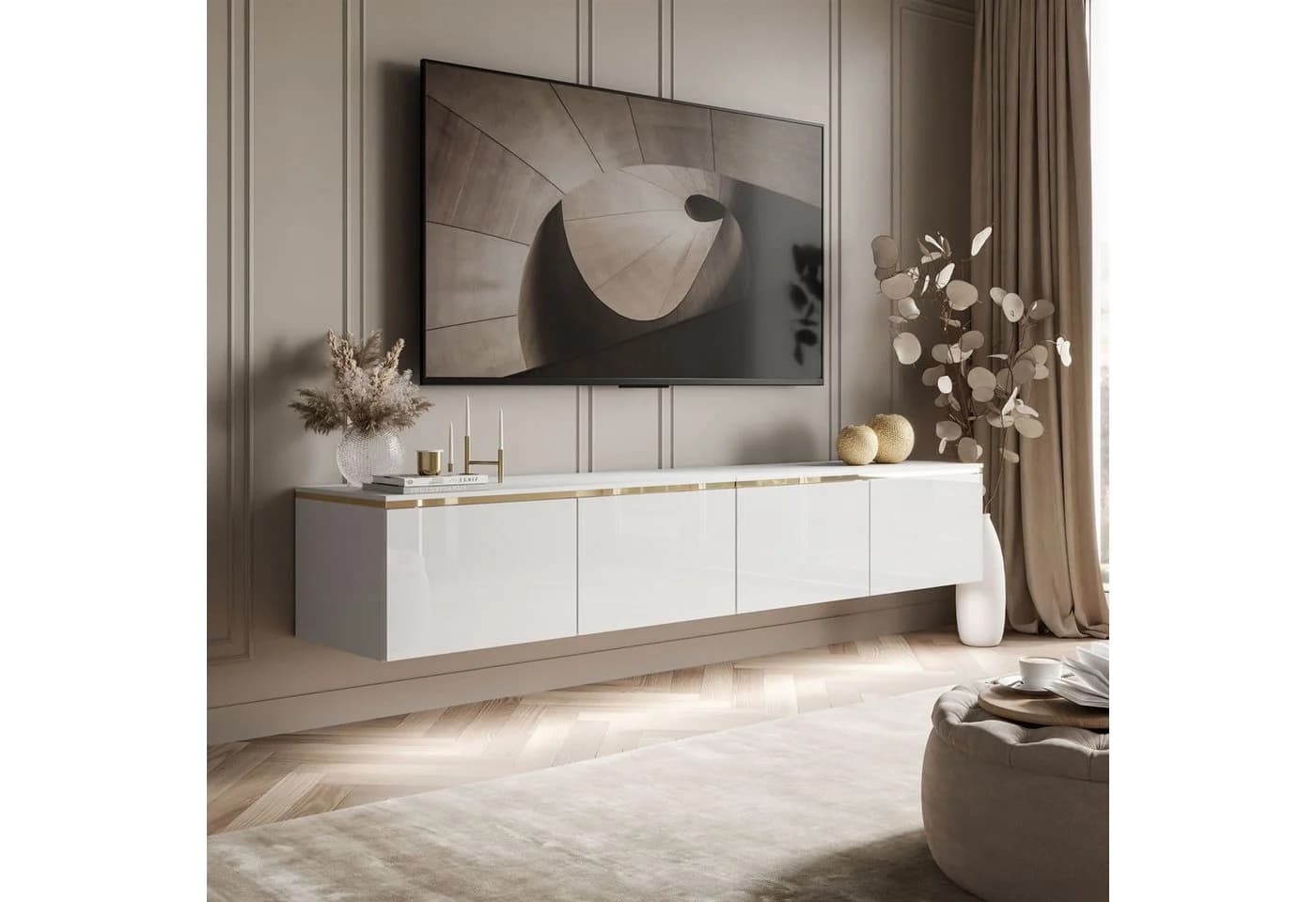 Lookway TV-Schrank CELINE GLOSS Hängeschrank Weiß mit LED-Beleuchtung