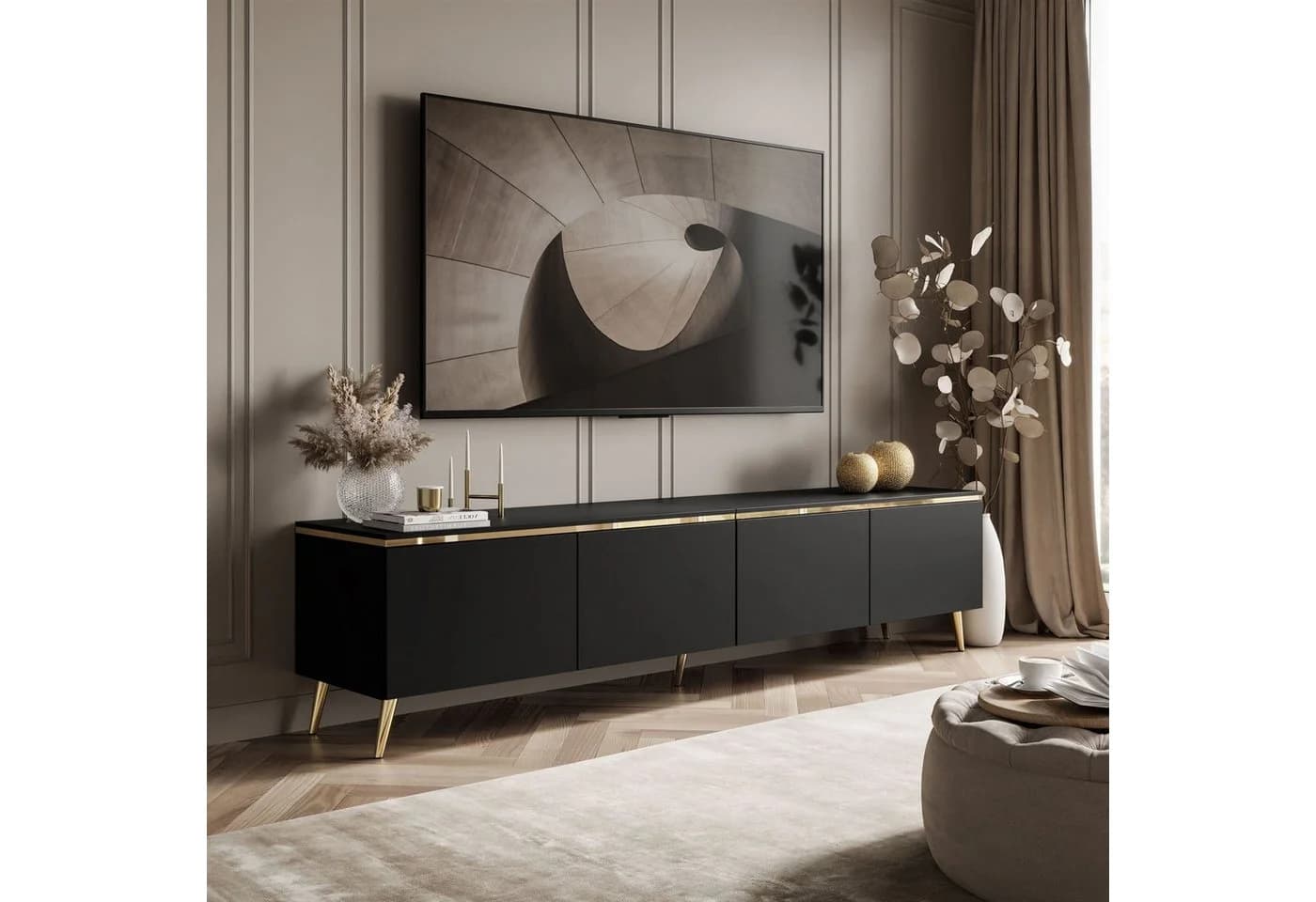 Lookway TV-Schrank CELINE Schwarz Matt mit LED-Beleuchtung und goldenen Füßen - Bild 3