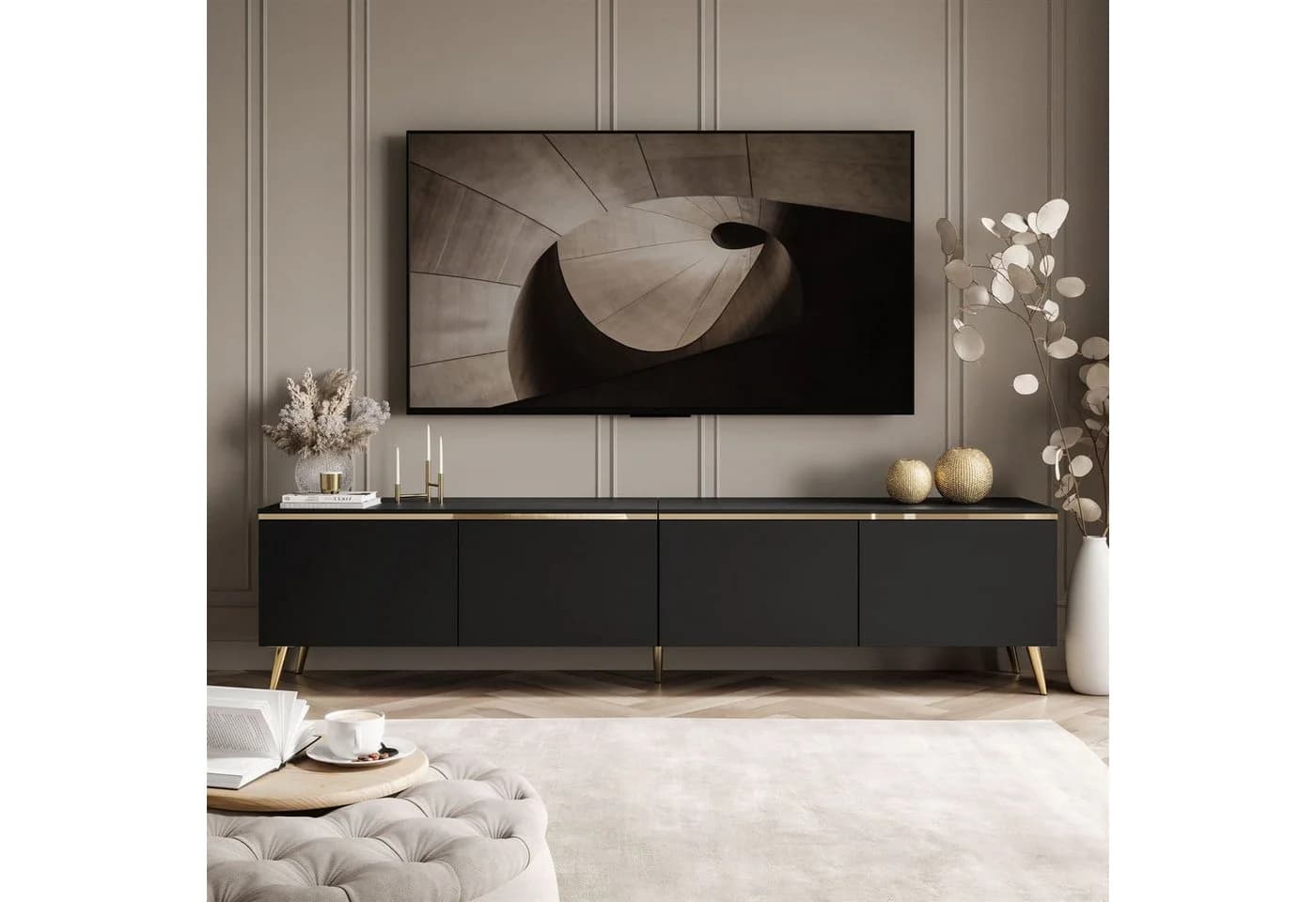 Lookway TV-Schrank CELINE Schwarz Matt mit LED-Beleuchtung und goldenen Füßen - Bild 4