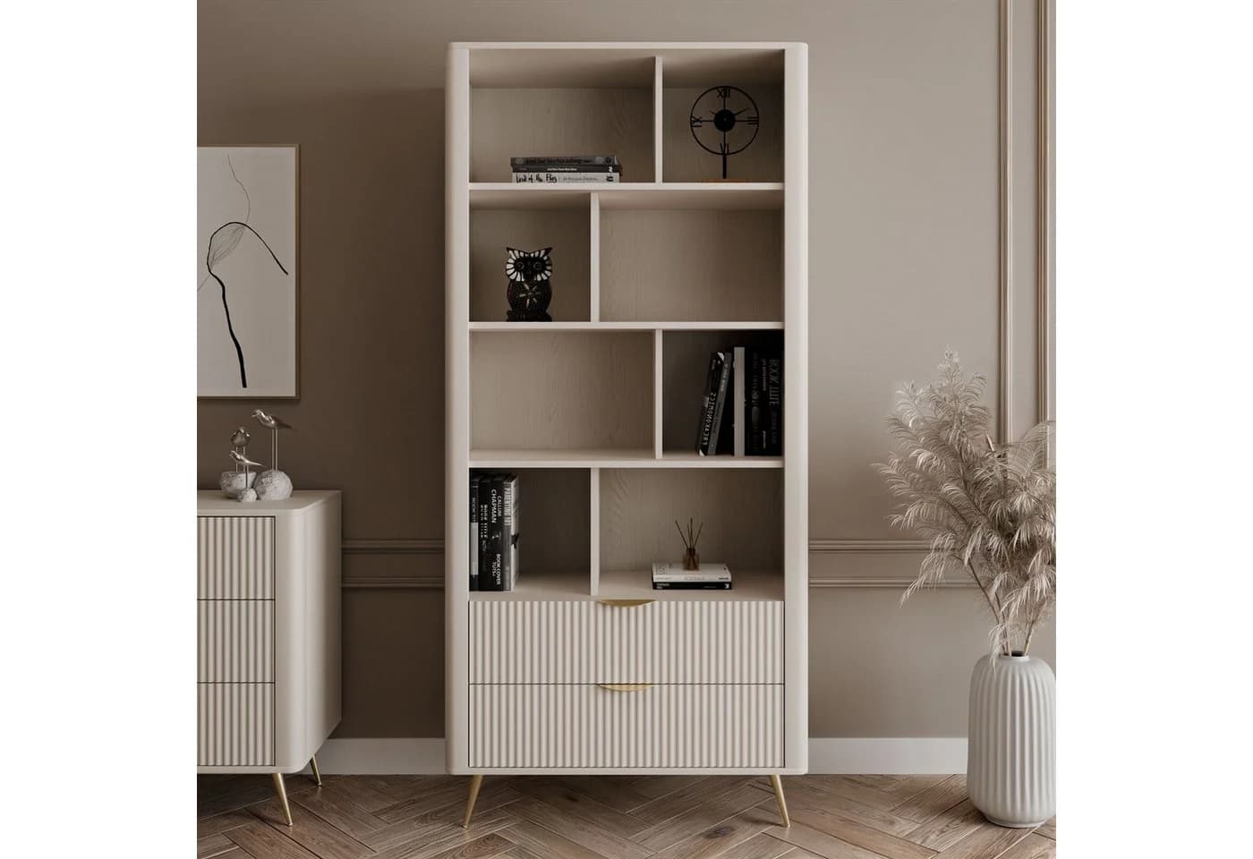 Lookway Standregal SCARLETT mit Schubladen Beige/Gold