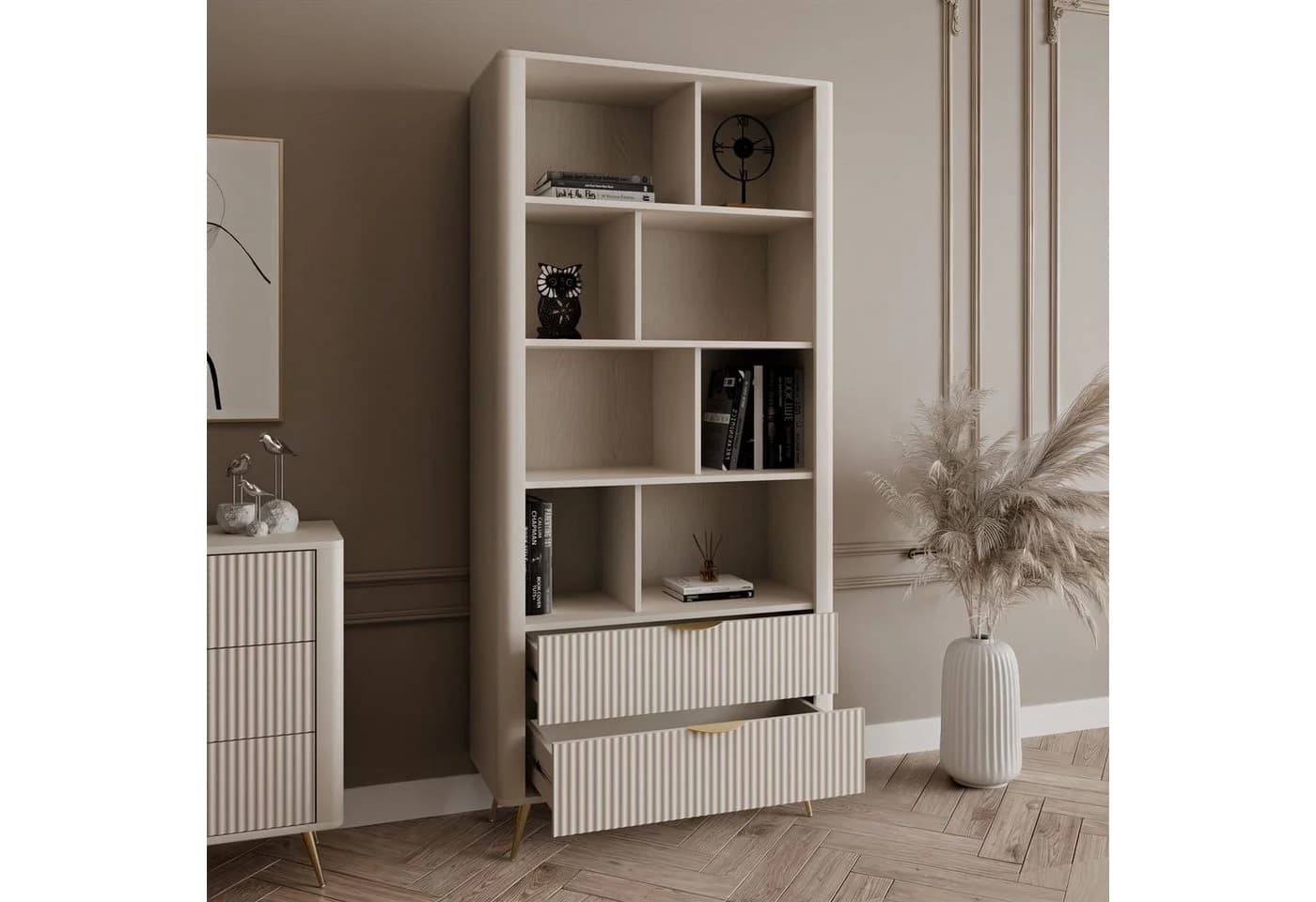 Lookway Standregal SCARLETT mit Schubladen Beige/Gold - Bild 4