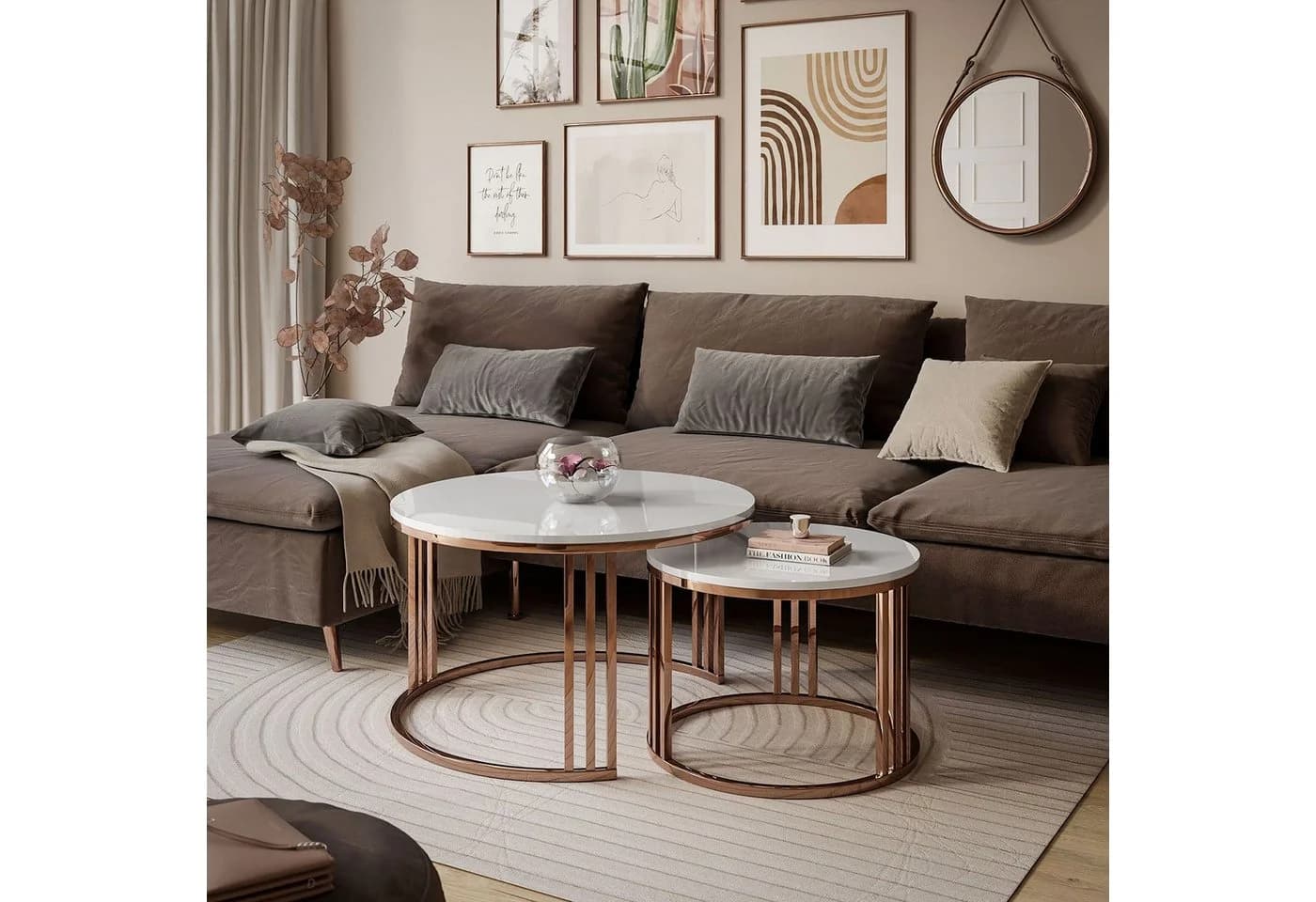 Lookway Couchtisch LORI 2in1 Set Weiß Hochglanz Kupfergestell
