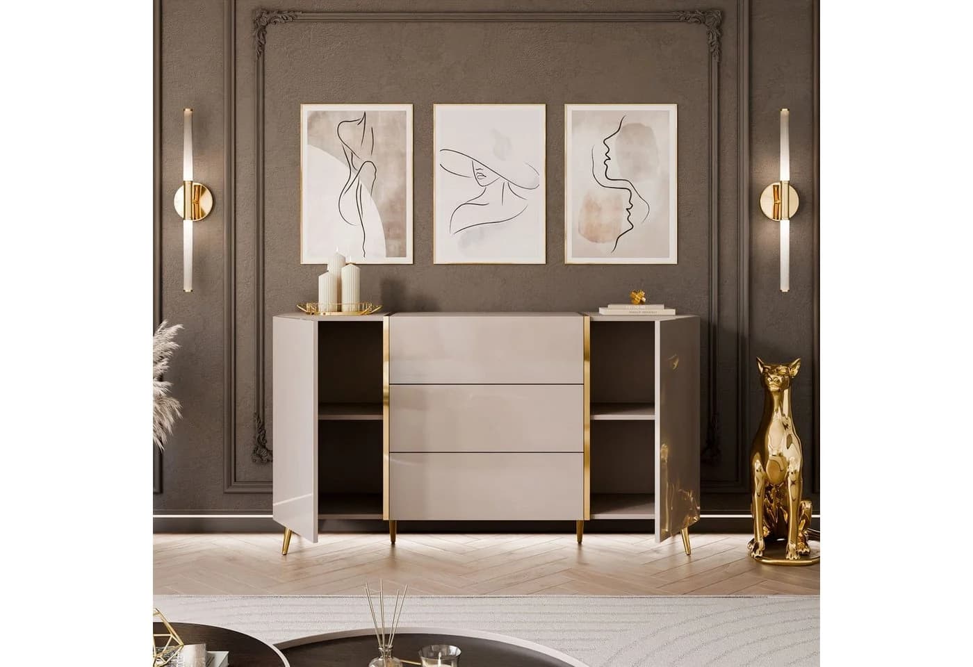 Lookway Kommode ONYX Kaschmir Hochglanz mit goldenen Beinen - Bild 3