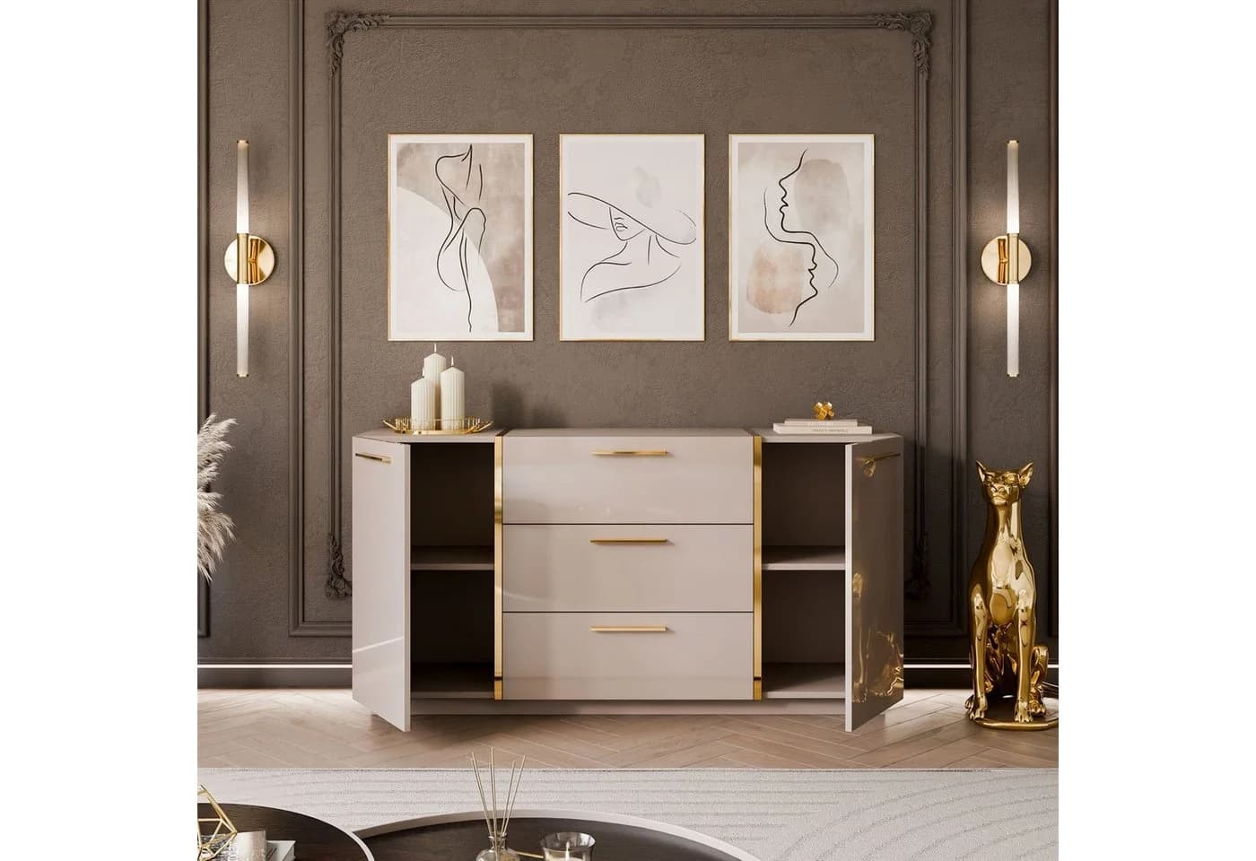 Lookway Kommode ONYX Hochglanz Weiß Gold 158 cm - Bild 3
