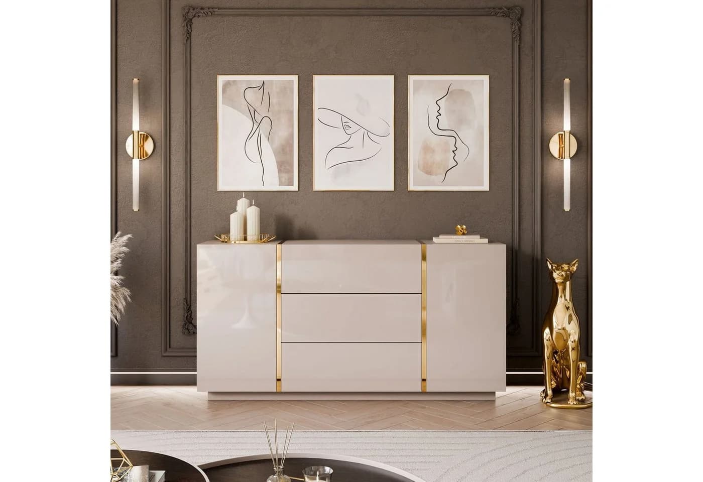 Lookway Kommode ONYX Hochglanz Weiß Gold 158 cm