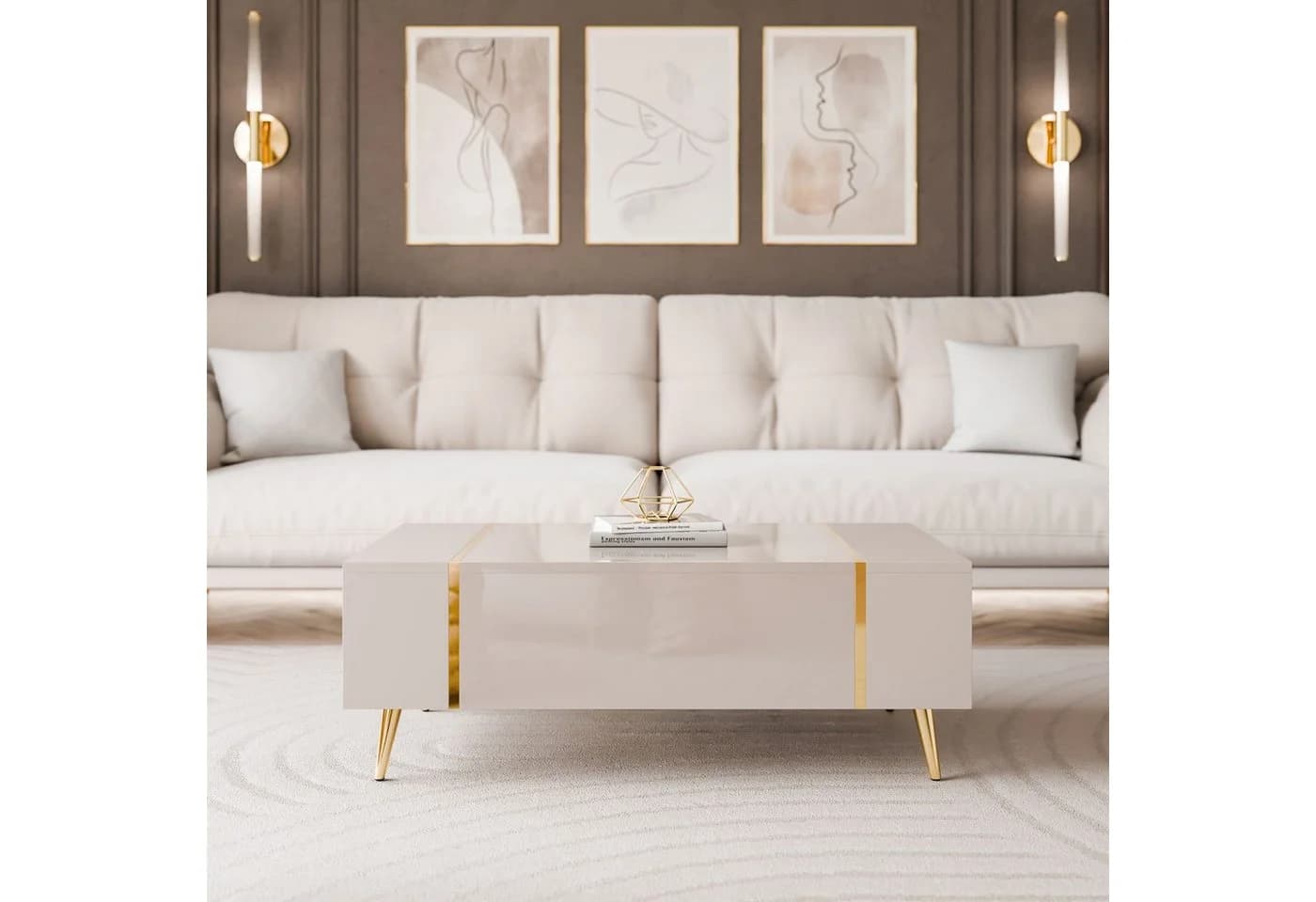 Lookway Couchtisch ONYX Kaschmir Hochglanz mit goldenen Beinen - Bild 3