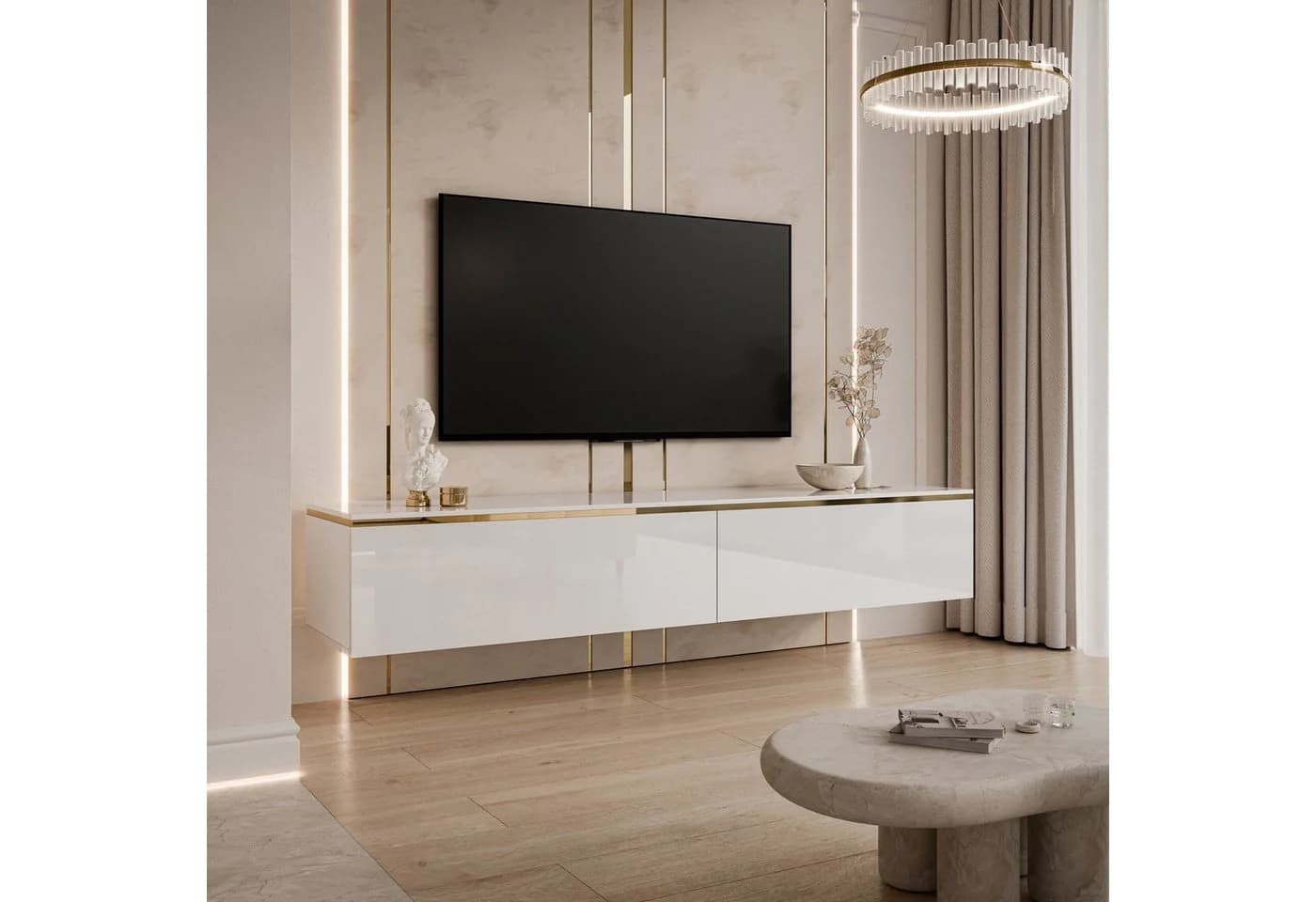 Lookway Lowboard AURORA Weiß Hochglanz 180 cm mit LED-Beleuchtung