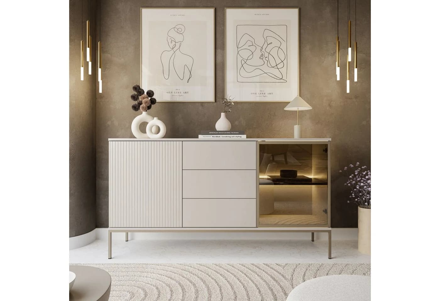 Lookway Kommode ECLIPSE Kaschmir mit LED-Beleuchtung und 3D-Lamellenfront