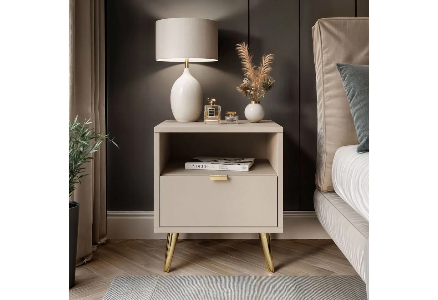 Lookway Nachttisch ALDO mit LED-Beleuchtung Beige Gold