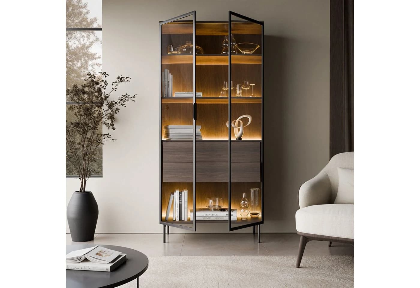 Lookway Glasvitrine LINEA LOFT mit LED-Beleuchtung und Schubladen Braun/Schwarz - Bild 3