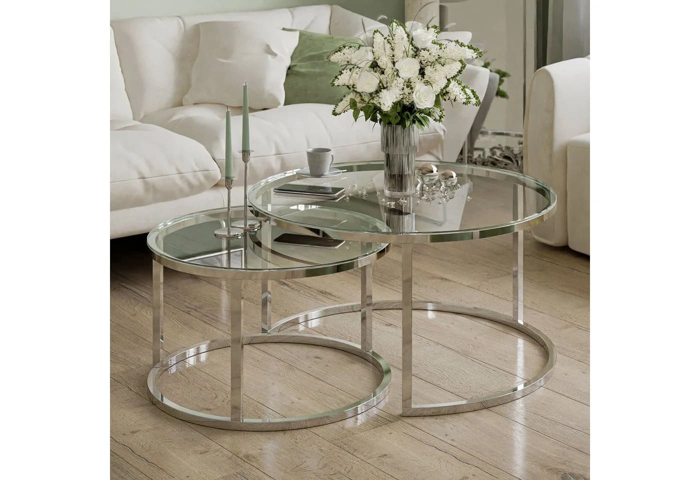 Lookway CIRI 2in1 Couchtisch-Set Glas Chrom ⌀70/50 cm - Bild 3