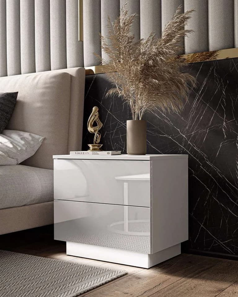 Lookway Nachttisch LINA Push-Open Hochglanz LED Weiß