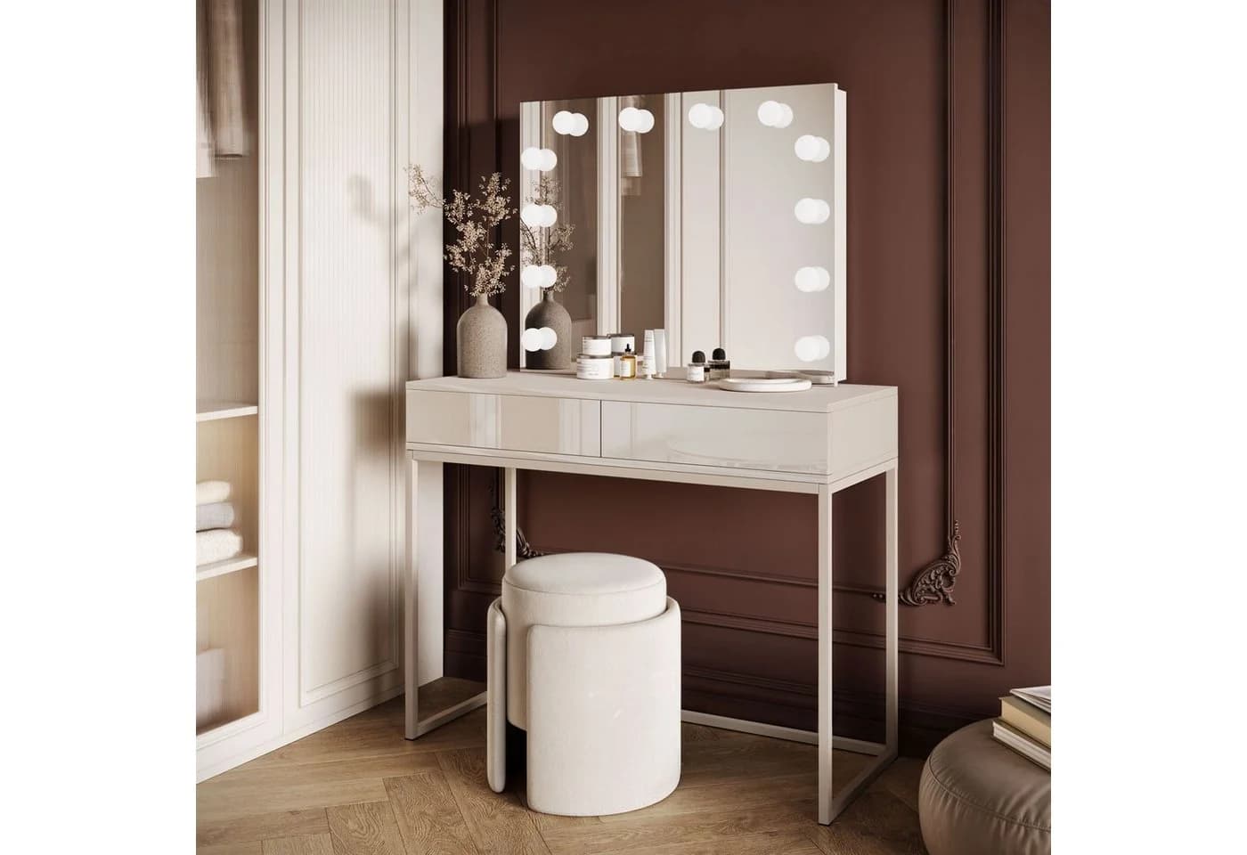 Lookway Schminktisch BLANCO KASCHMIR ELITE mit LED-Beleuchtung