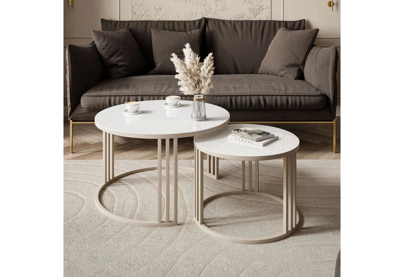Lookway Couchtisch LORI 2in1 GLASS Kaschmirfarbenes Gestell 2er Set - Bild 3