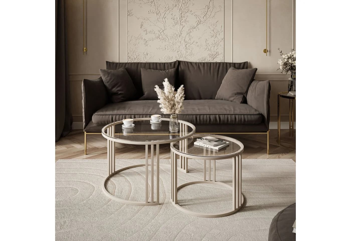 Lookway Couchtisch LORI 2in1 GLASS, runder Couchtisch mit kaschmirfarbenem Gestell