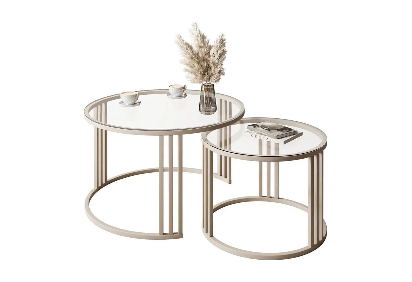 Lookway Couchtisch LORI 2in1 GLASS, runder Couchtisch mit kaschmirfarbenem Gestell - Bild 2