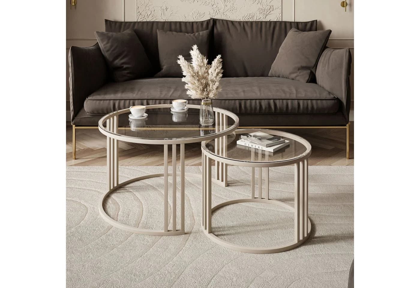 Lookway Couchtisch LORI 2in1 GLASS, runder Couchtisch mit kaschmirfarbenem Gestell - Bild 3