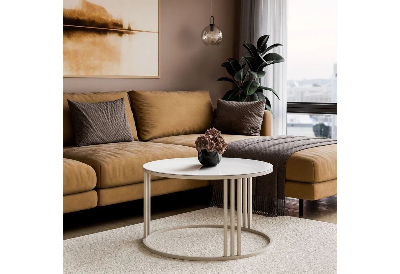 Lookway Couchtisch LORI GLASS rund kaschmirfarben Glasplatte