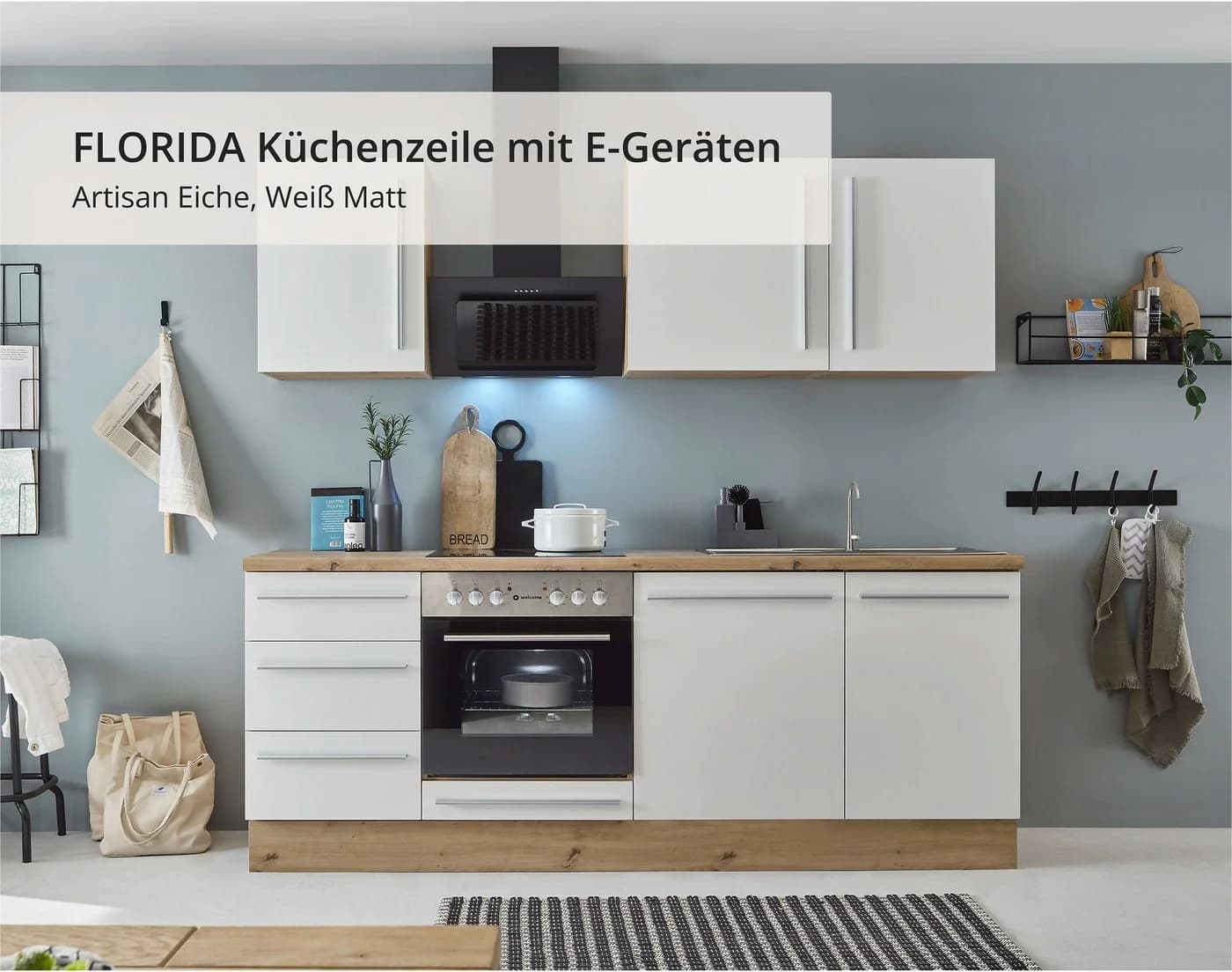 Küchenzeile KOCHSTATION KS-Florida Weiß mit E-Geräten 220cm