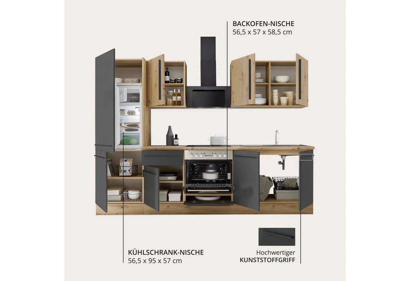 Küchenzeile KOCHSTATION KS-Florida Schwarz Eiche 270cm mit Soft-Close - Bild 4