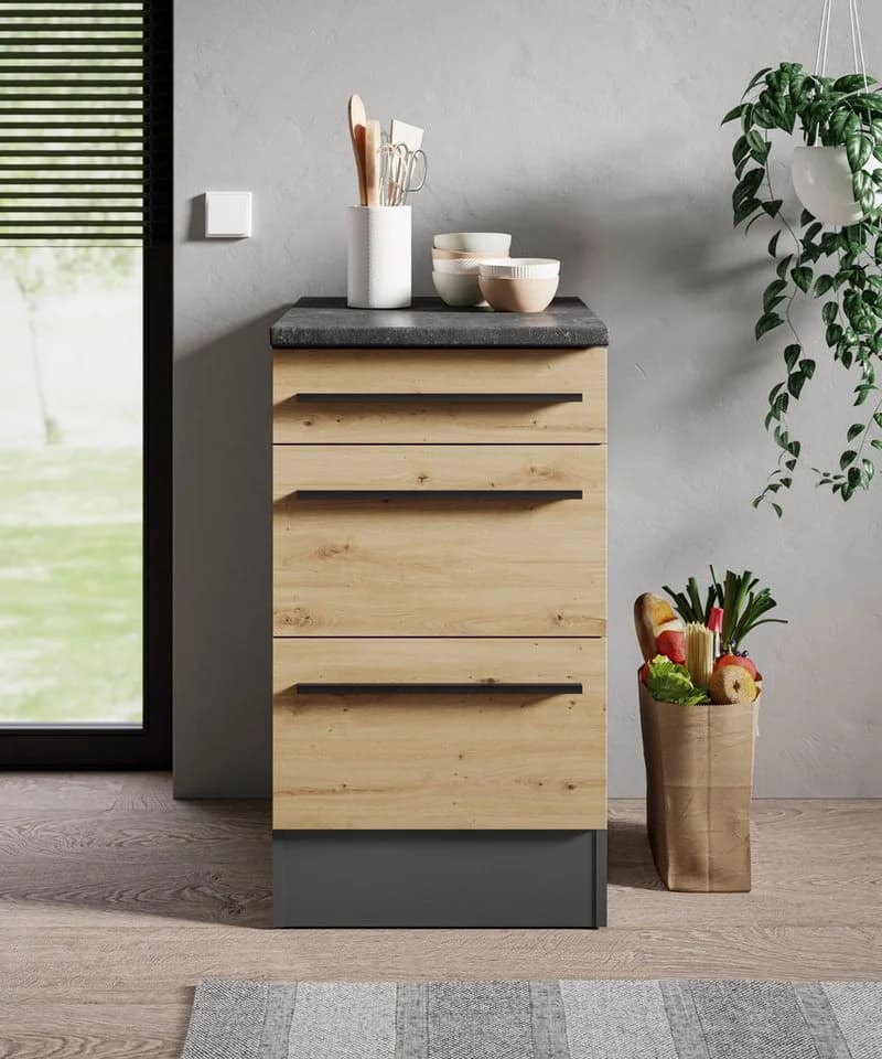 Unterschrank BASIC BY BALCULINA Jazz anthrazit eiche 3 Schubladen