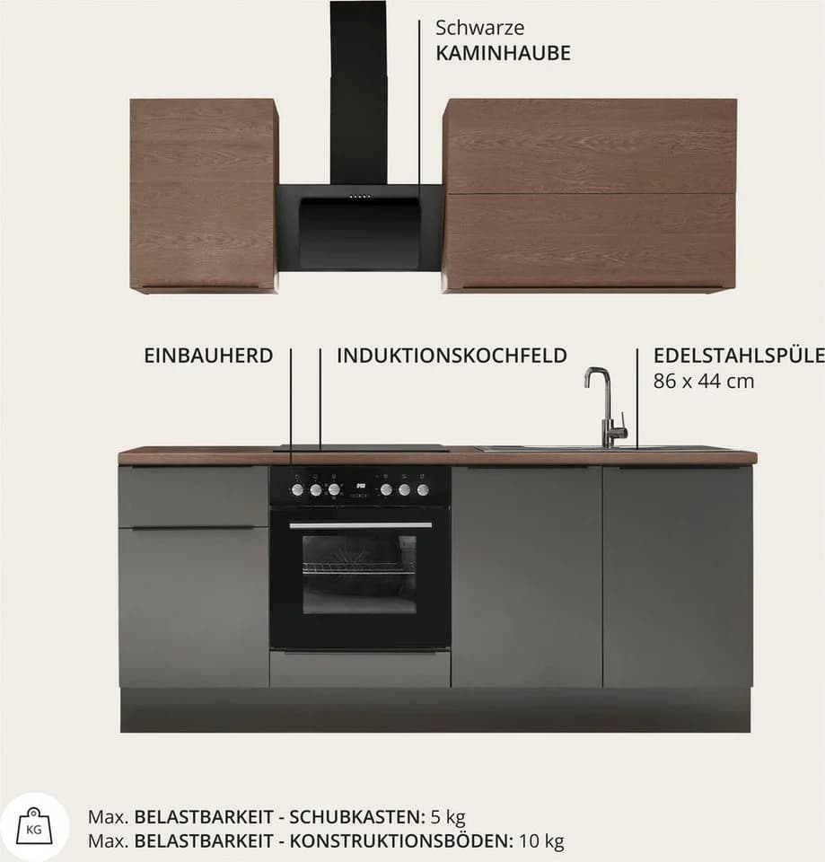 KOCHSTATION Küchenzeile Cocco Anthrazit/Nussbaum mit Induktion - Bild 3