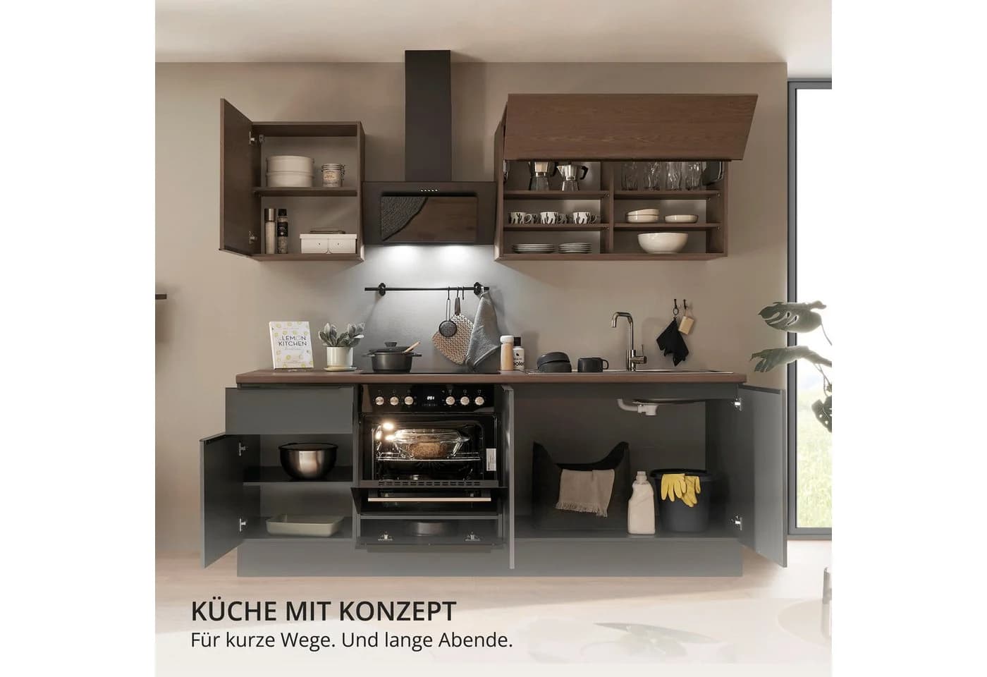 KOCHSTATION Küchenzeile Cocco Anthrazit/Nussbaum mit Induktion - Bild 5