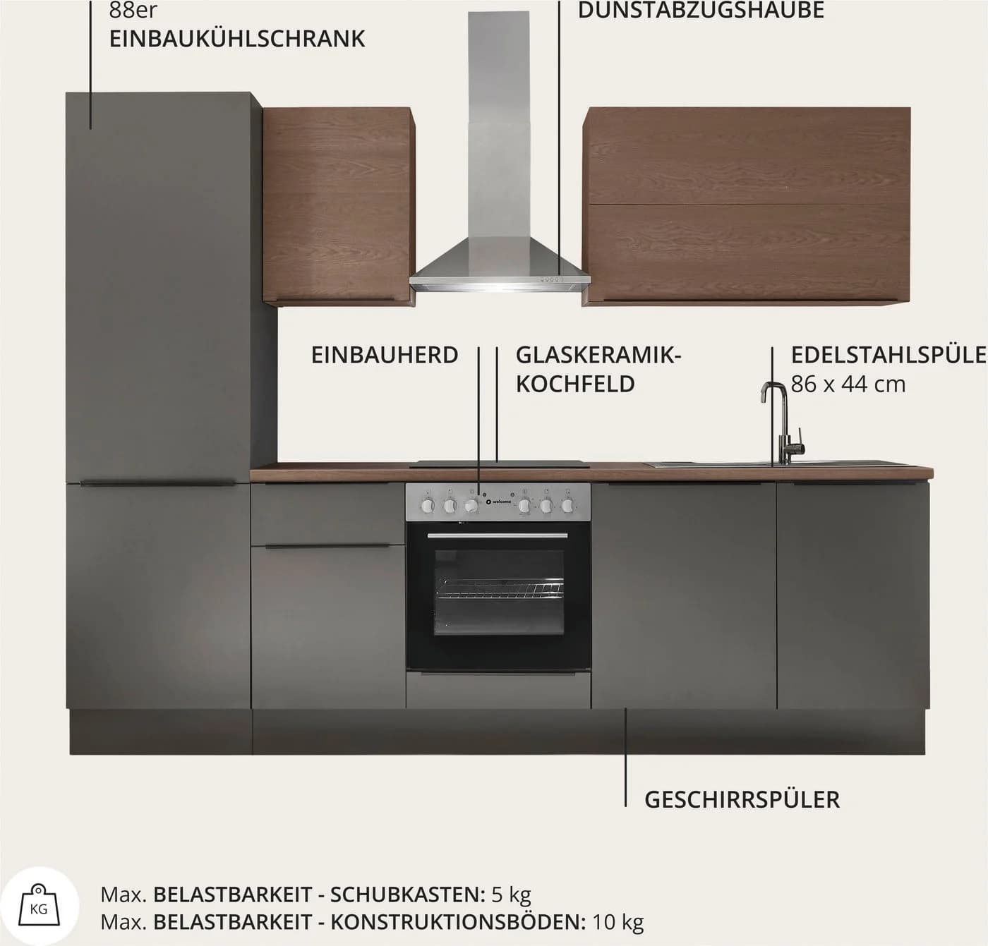 KOCHSTATION Küchenzeile Cocco Anthrazit/Nussbaum 280 cm mit Soft-Close - Bild 3