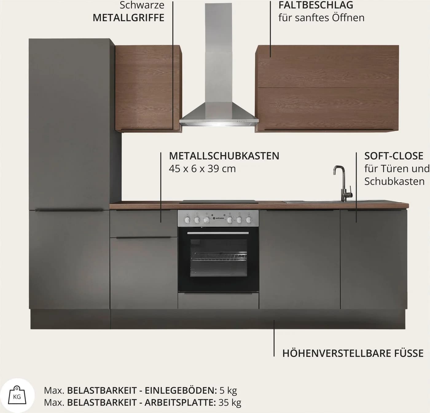 KOCHSTATION Küchenzeile Cocco Anthrazit/Nussbaum 280 cm mit Soft-Close - Bild 4