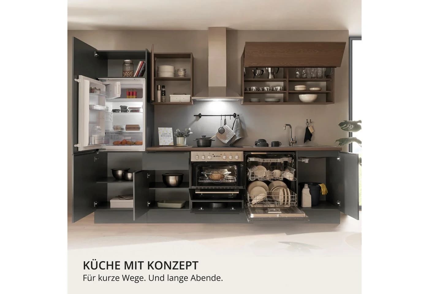 KOCHSTATION Küchenzeile Cocco Anthrazit/Nussbaum 280 cm mit Soft-Close - Bild 5