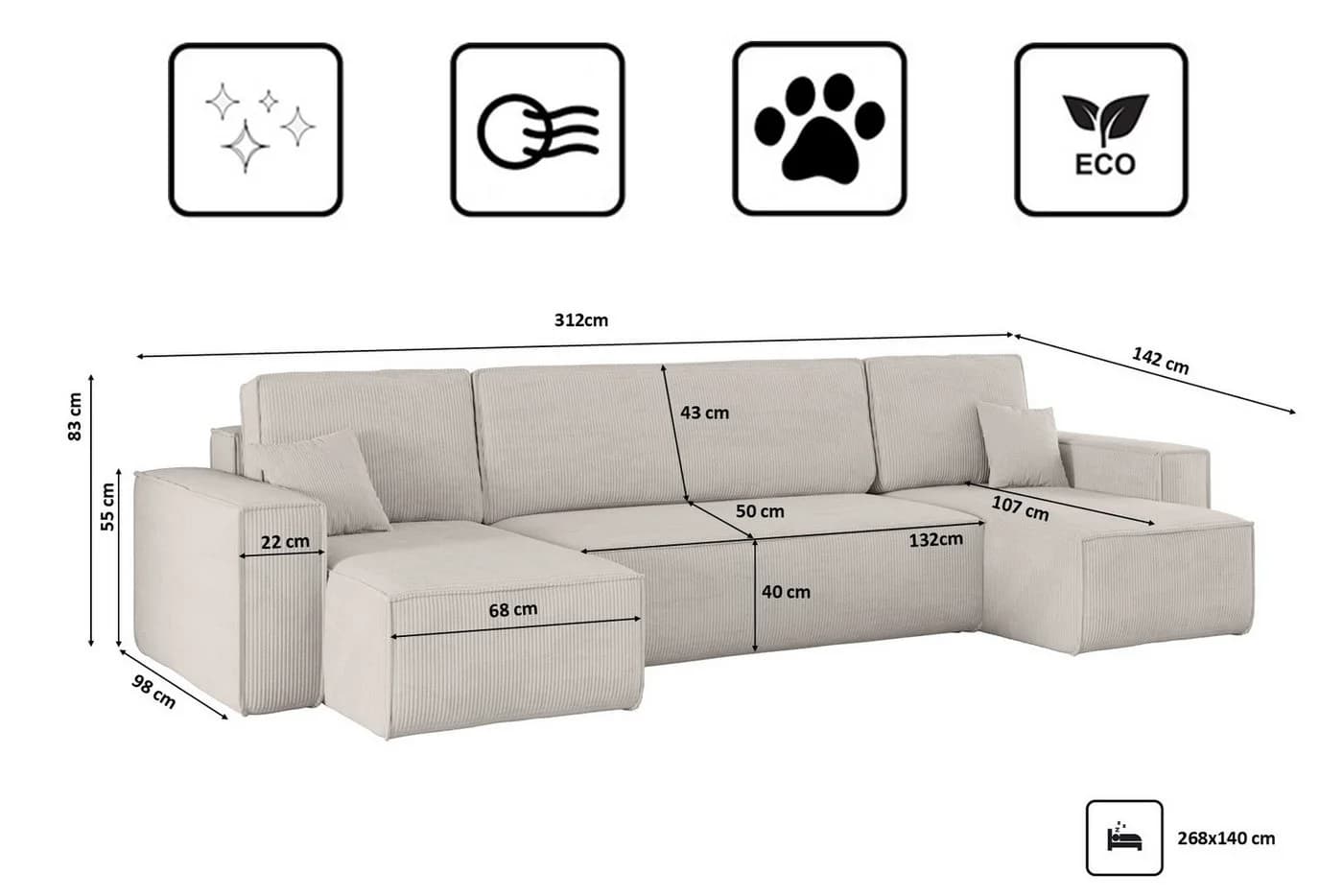 Kaiser Möbel Ecksofa BEST U-Form Beige Cord mit Schlaffunktion und Bettkasten - Bild 3