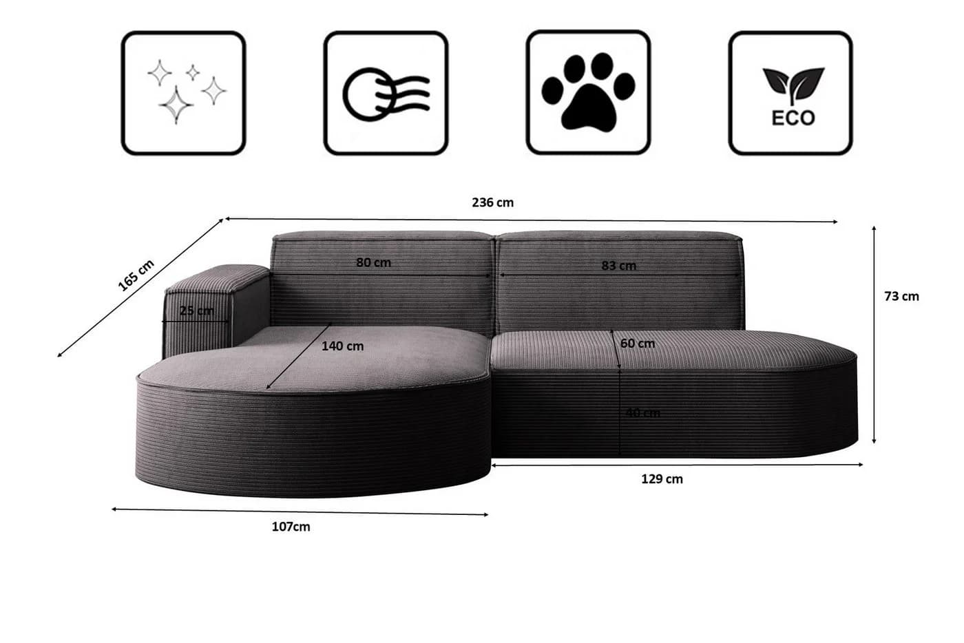 Kaiser Möbel Ecksofa MODENA STUDIO L-Form Cord Grau - Bild 3