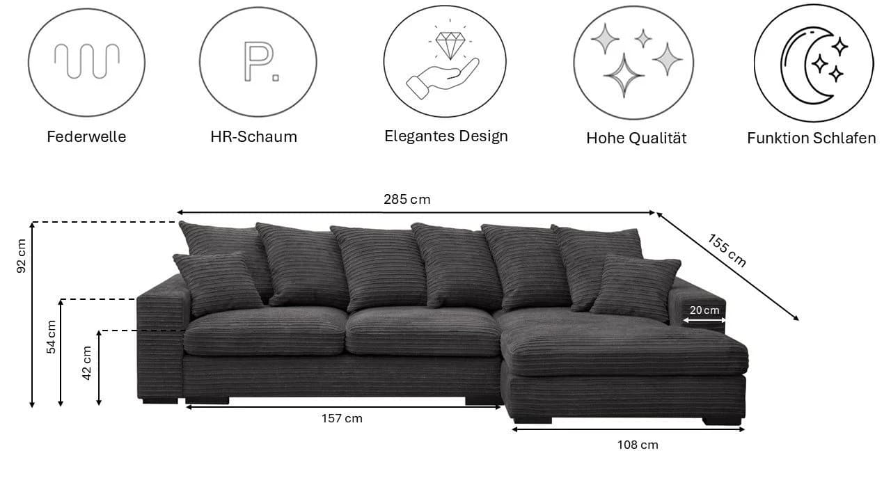 Kaiser Möbel Ecksofa Gabon L-Form Stoff Zoom Grau mit Schlaffunktion - Bild 3