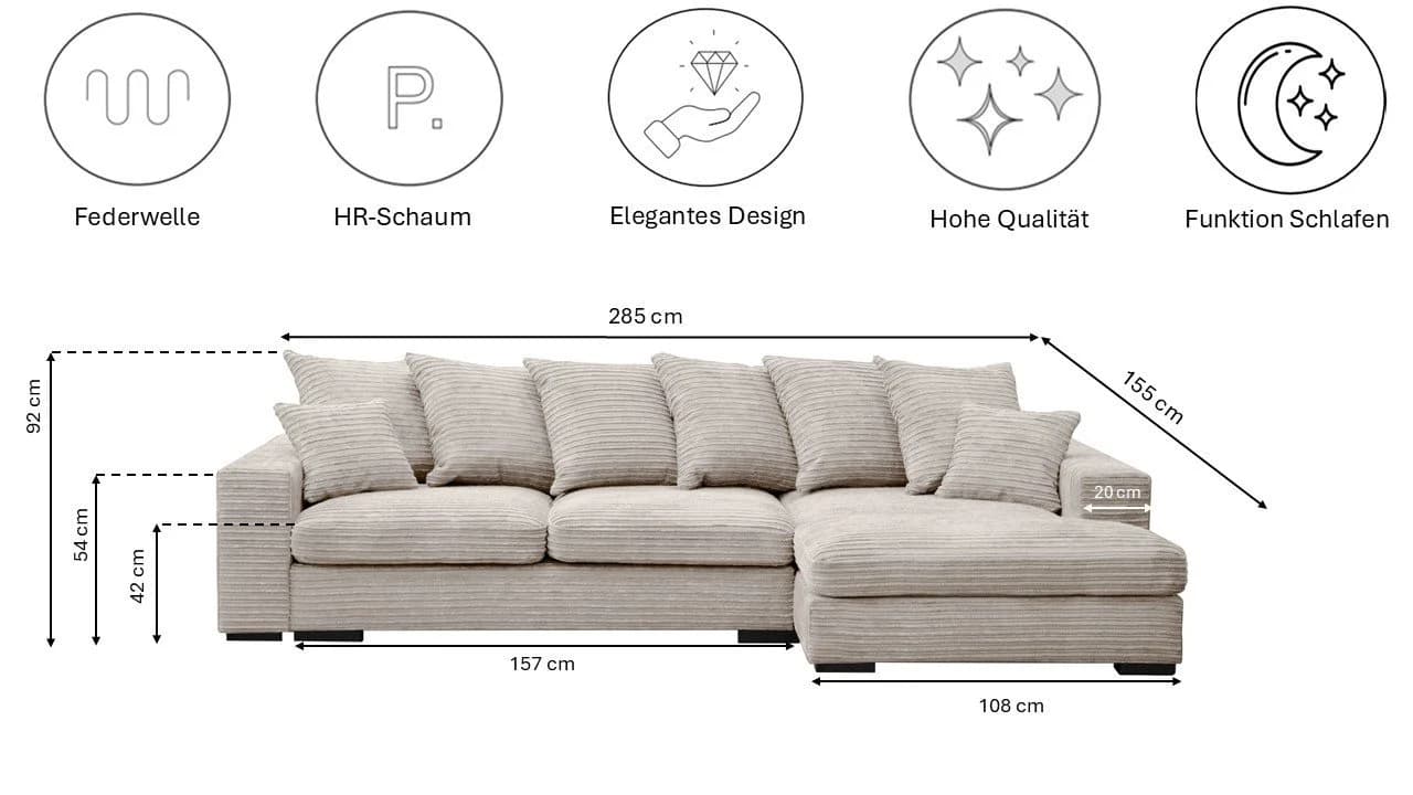 Kaiser Möbel Ecksofa Gabon L-Form Beige Stoff ZOOM mit Schlaffunktion - Bild 3